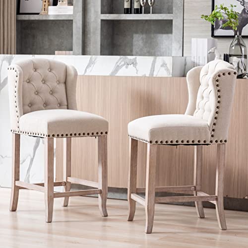 LukeAlon Modern 26" Linen Counter Height Stools Set of 2, Upholstered Button Tufted Counter Stools with Wood Legs Wingback Low Bar Chairs with Nailhead Trim for Kitchen Home Bar, Beige