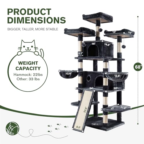 IMUsee 68 Inches Multi-Level Large Cat Tree for Large Kitties/Big Cat Tower with Condo/Cozy Plush Perches/Sisal Scratching Posts and Hammocks/ Feline Activity Center Play House/Smoky Grey