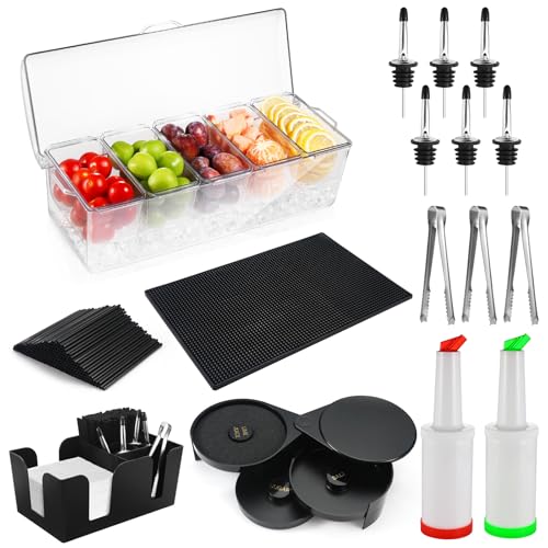 Bartending Supplies - 18 x 12 Bar Mat Garnish Tray with Lid Bar Caddy 3 Tier Bar Glass Rimmer 2 Plastic Juice Pour Bottles 3 Mini Tongs 12 Classic Liquor Bottle Pourers 500 Cocktail Straws(Clear)