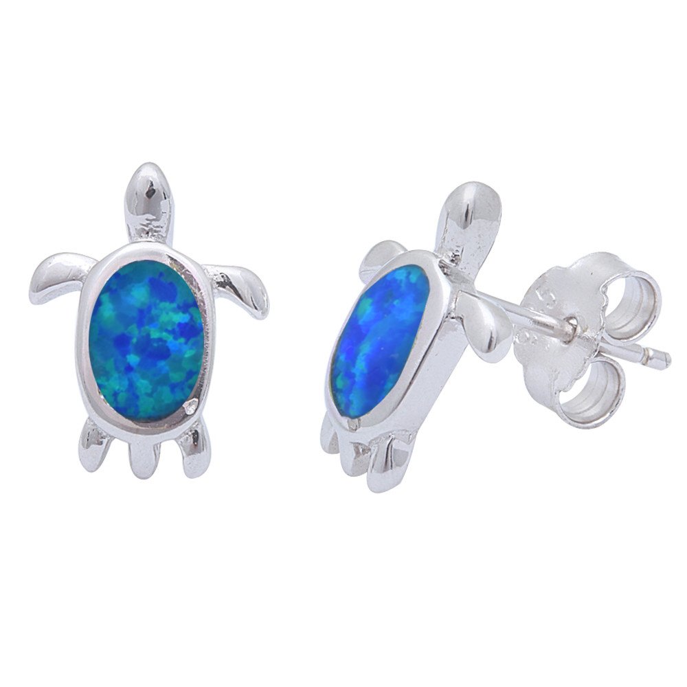 Oxford Diamond CoCreated Opal Turtle Stud .925 Sterling Silver Earrings (Lab Created Blue Opal)