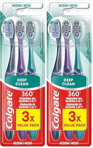 COLGATE - Brosse à dents 360 Deep Clean Medium - élimine les bactéries - les brins interdentaires nettoient entre les dents (Lot de 2)