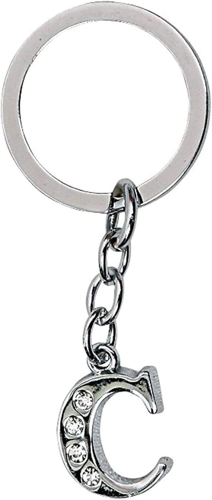 AK Store English Alphabet Letter Silver Metal Keychain with Crystal Stones, for Car Bike Men Women Keyrings (Letter C)