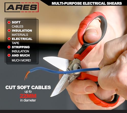 Image of ARES 70105-5 1 /2-Inch Multi-Purpose Heavy Duty Shears - Finely Serrated High Carbon Stainless Steel Blades - Cuts Wire, Insulation, Soft Cable and More