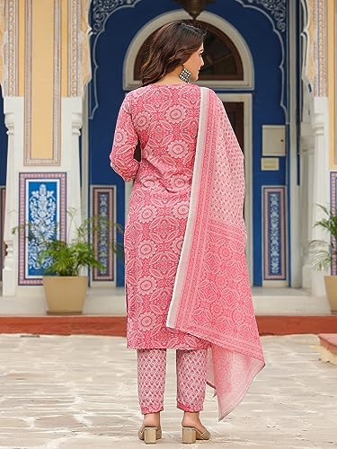 Image of GoSriKi Women's Cotton Blend Straight Printed Kurta with Pant & Dupatta