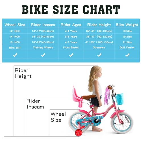 Image of RULLY 12 14 16 Inch Girls Bike with Doll Seat Basket and Training Wheels for 2-6 Years Children
