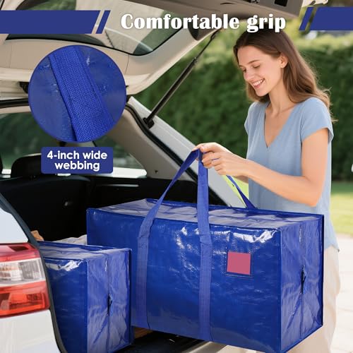 Image of 12 Pack Moving Bags with Full-Open Side Zipper, Extra Large 93L Heavy Duty Waterproof Foldable Storage Totes for College Dorm, Moving & Home Organization Blue