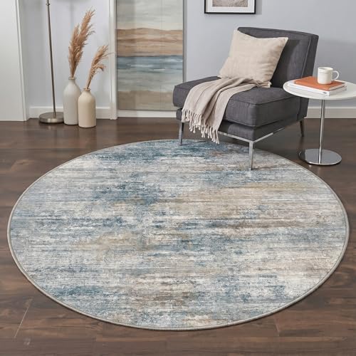 Image of BEIMO Round Rugs 5ft for Living Room Bedroom, Modern Abstract Machine Washable Rug, Large Soft Low Pile Indoor Floor Carpet with Non Slip Backing for Dining Room, Teal