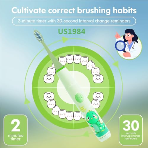 Image of Sonic Electric Toothbrush for Kids with 4 Modes, 3 Brush Heads & Rechargeable Battery, Ultra Soft Nylon Bristles, IPX7 Waterproof, Electric Power Tooth brush (Green)