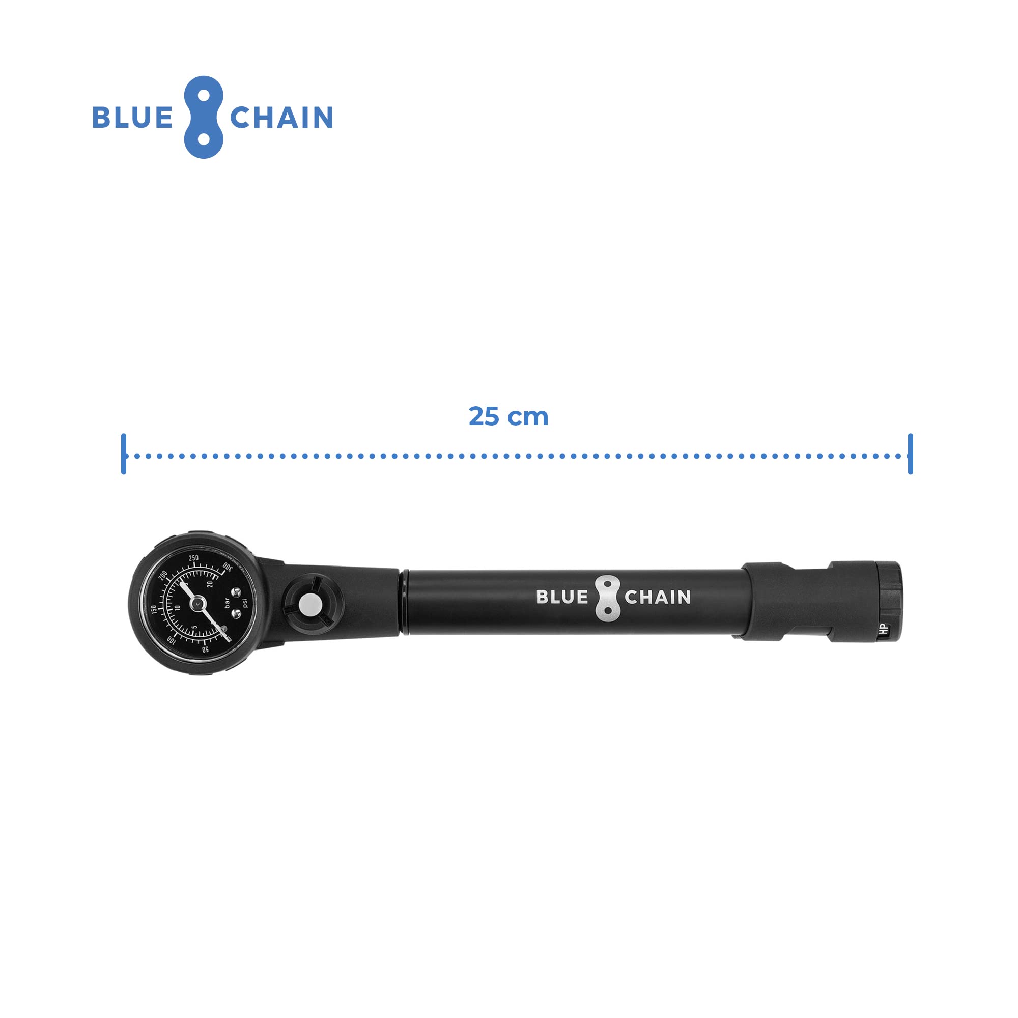 BLUECHAIN® High Volume & High Pressure Dämpferpumpe 20 bar (300 psi) / Handliche Fahrradpumpe mit Manometer/Fahrrad Luftpumpe klein für Federgabeln, Dämpfer & Reifen