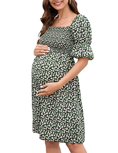 KOJOOIN Damen Umstandskleid Kurzarm Sommer Umstandskleid Schwangerschaftskleid mit Blumenmuster und Eckigem Ausschnittgrün M