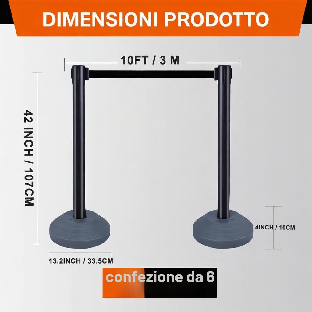 Set da 6 pezzi con pali di intercettazione estraibili, pali di barriera, cinghia estensibile da 3 m, barriera di sicurezza per il controllo della folla