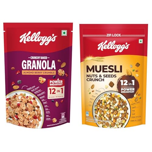 Image of Kellogg's Crunchy Granola Almonds & Cranberries 450g /460g | 24% Fruit & Nut, Baked Multigrain | + Kellogg's Muesli Nuts Delight 1000 G | 12-In-1 Power Breakfast | India'S No. 1 Muesli |