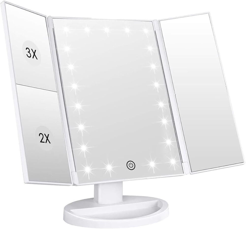 WEILY Espejo Maquillaje con Luz, 21 LED y Aumento 1X / 2X / 3X,Espejo con Luz para Maquillaje Pantalla táctil de 180º Ajustable, Espejo Tocador Tríptico con Luz Plegable y Recargable, Blanco