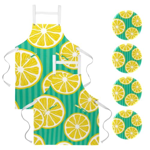 Tablier de cuisine à rayures fruits et citron avec 4 broches incluses
