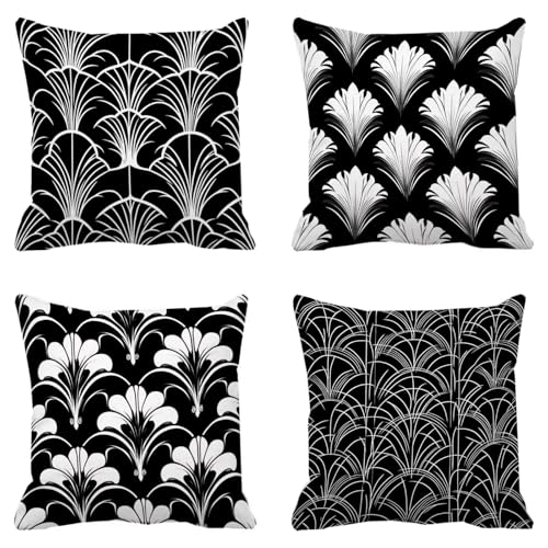 Taie oreiller housse coussin 65x65cm lin géométrique noir blanc