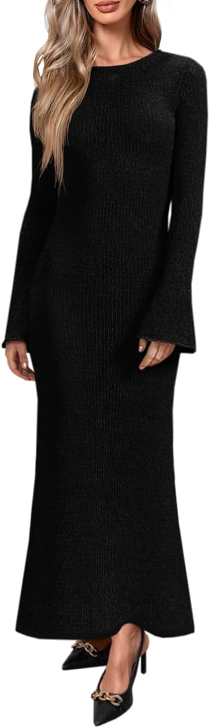 Yousify Womens Bell Long Sleeve Maxi Dress Casual Crewneck Knit Slim Fit Flowy Sweater Dresses