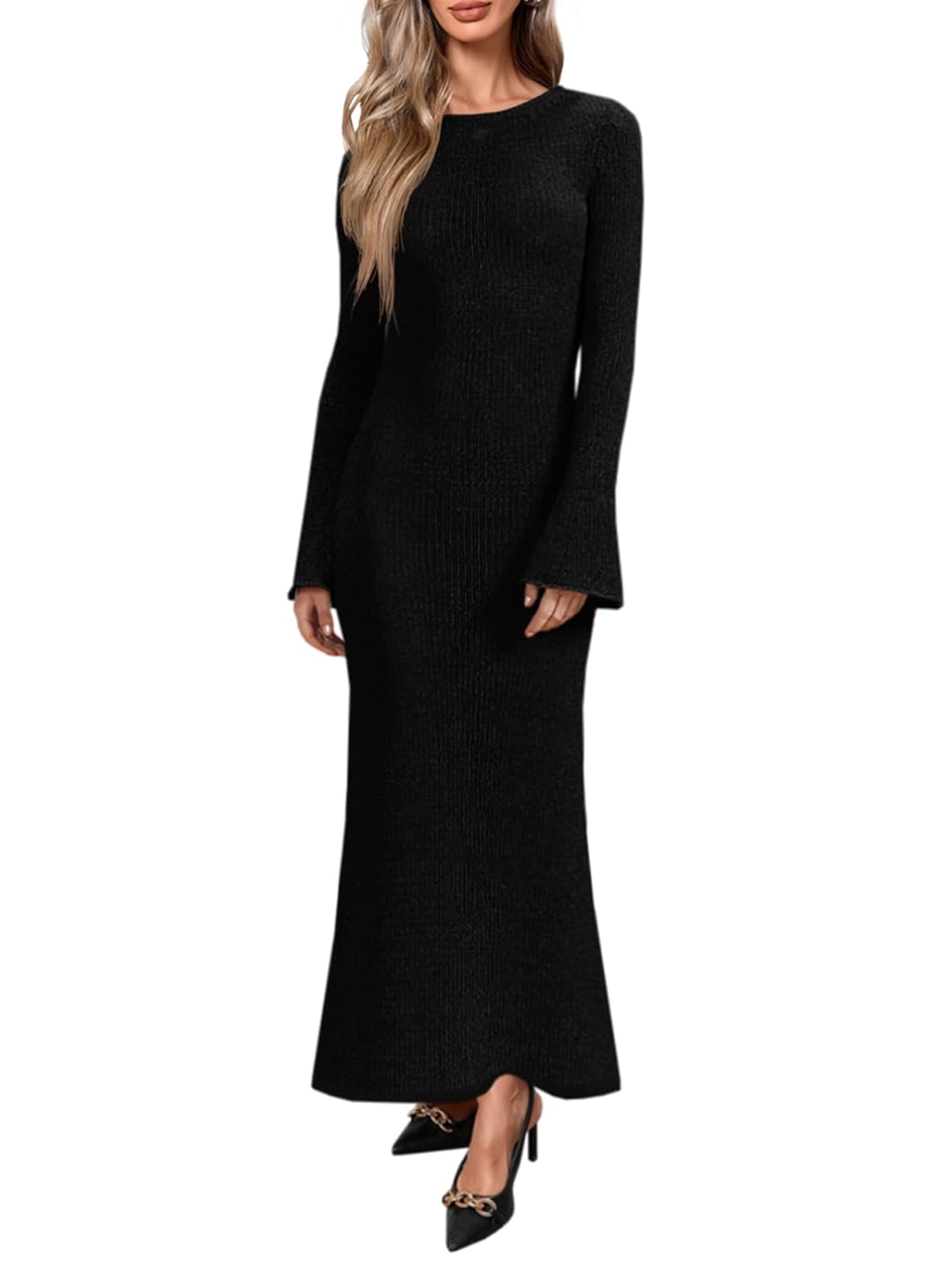 Yousify Womens Bell Long Sleeve Maxi Dress Casual Crewneck Knit Slim Fit Flowy Sweater Dresses