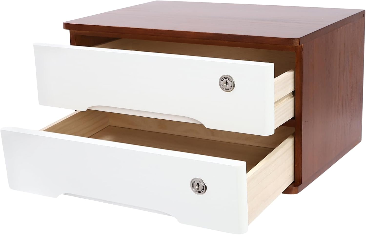 Desktop Drawer Organizer Box, Wooden Desktop Cabinet Apothecary Cabinet with 3 Drawers & Lock, Desktop File Organizer for School & Office Supplies Jewelry Holder for Women (Walnut, White)