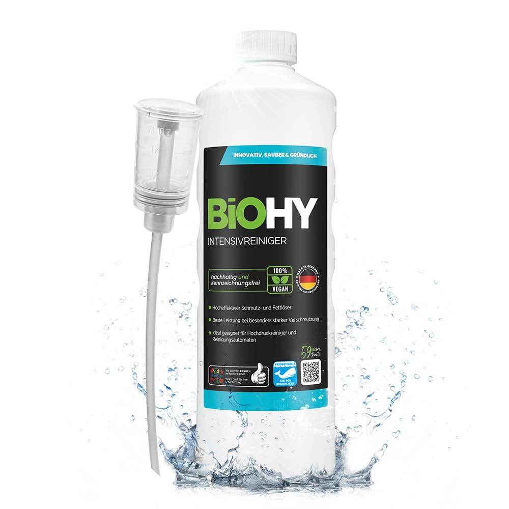 BiOHY Detergente intensivo (Bottiglia da 1l) + Distributore | Detergente di base ideale per idropulitrici ad alta pressione | Scioglisporco e detergente concentrato (Intensivreiniger)