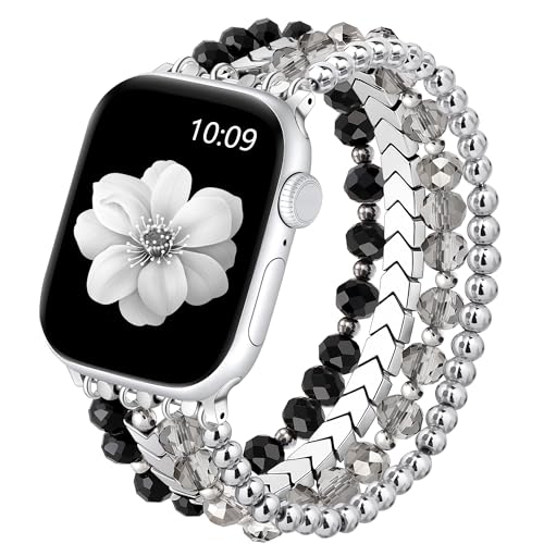Lerobo Beaded Bracelet Compatible with Apple Watch Band 42mm/41mm/40mm/38mm for Women, Elastic Stylish Dressy Handmade Smartwatch Band for iWtach Series 11 10 9 8 7 6 5 4 3 SE 3 2 1, Black/Silver by Lerobo - Used condition - US$12.39