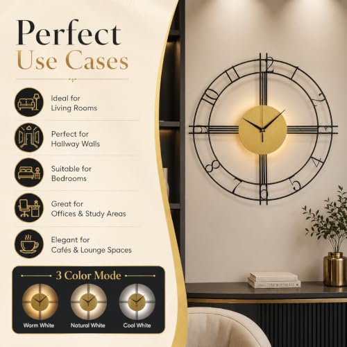 Image of Smartway Melinck 6W LED Wall Lamp with Clock | Modern Decorative Wall Light with Analog Clock | 3 Light Modes | Black & Gold Designer Wall Mount Clock for Bedroom, Living Room, Hall & Bedside