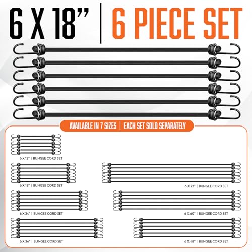 Image of 18 Inch Bungee Cords with Hooks - 6Pcs Bungie Set Heavy Duty Outdoor | Black Bungee Cords with Hooks - Strong Bungie Straps UV & Weather Resistant - Bungy Cords 200lb Strength
