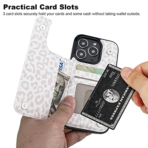 Image of HAOPINSH for iPhone 13 Pro Case Wallet with Card Holder, White Leopard Cheetah Pattern Back Flip Folio PU Leather Kickstand Card Slots Case for Women Girls, Double Magnetic Shockproof Cover 6.1 inch