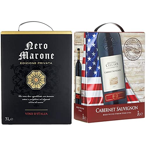 Nero Marone - Nero Marone - Vin Rouge Edizione Privata - Origine : Italie - BIB Bag in Box (1 x 3 l) & Western Cellars California - Vin Rouge Cabernet Sauvignon de Californie - Bag in Box BIB 3L (1 x 3 l)