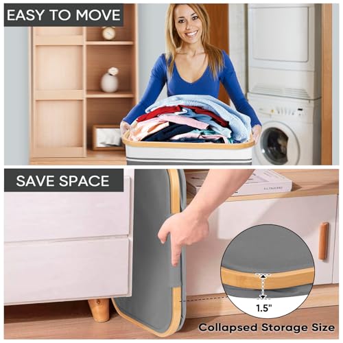 Image of BALEINE Laundry Hamper with Lid, Tall Laundry Baskets with Bamboo Pull Handles, Large Laundry Bin with Internal Support (18 Gal /70L, Grey Stripe)