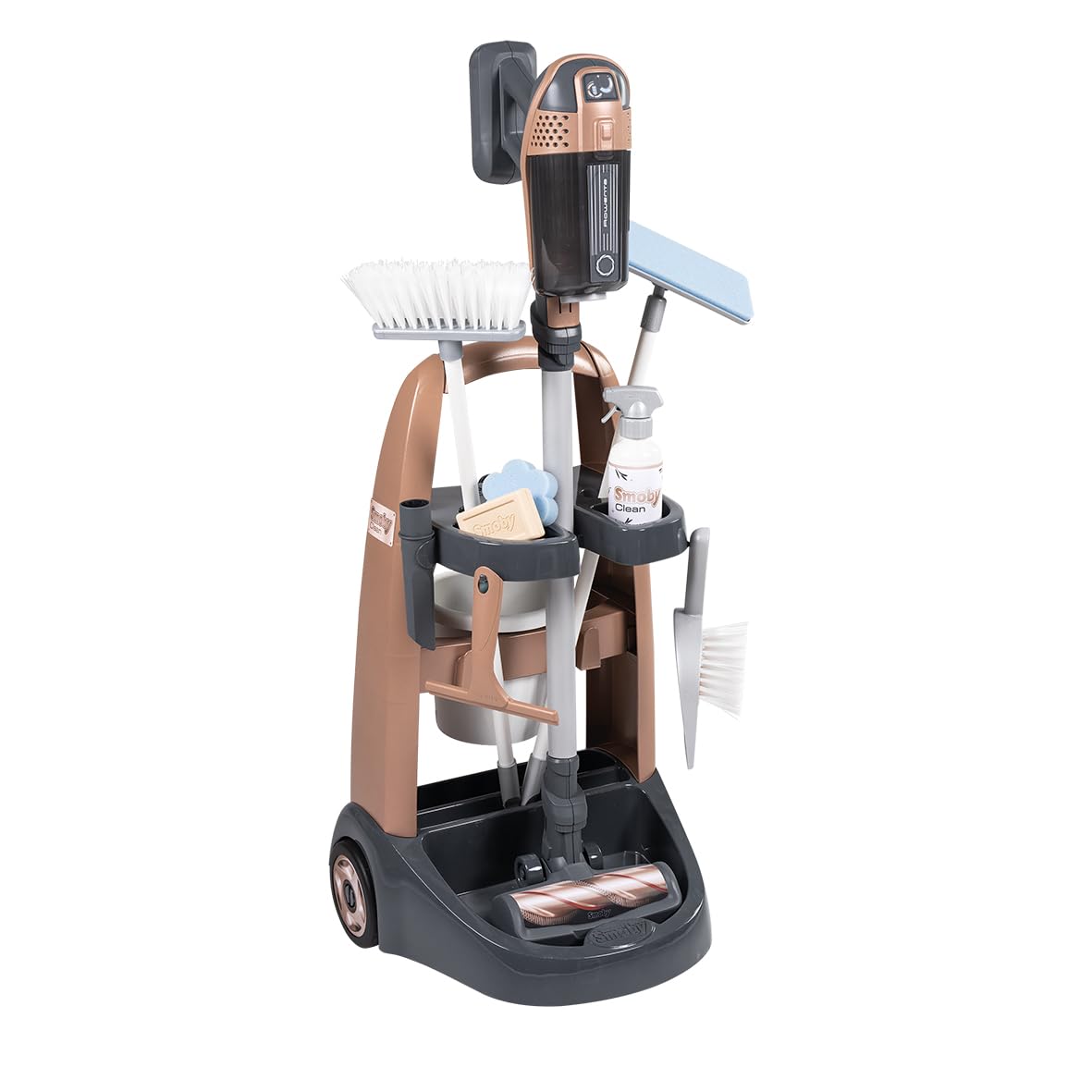 Smoby - Rowenta - Chariot de Ménage + Aspirateur Balai - Jouet d'Imitation - Fonction Electronique - 10 Accessoires - A Partir de 3 Ans - Fabrication Française