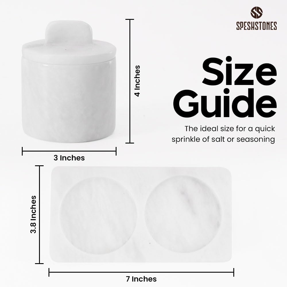 SPESHSTONES Juego de 2 botes de sal de mármol blanco de 10,16 cm con tapa, para sal de mesa, portal, botes de especias, azucarero, recipientes para condimentos, dispensador