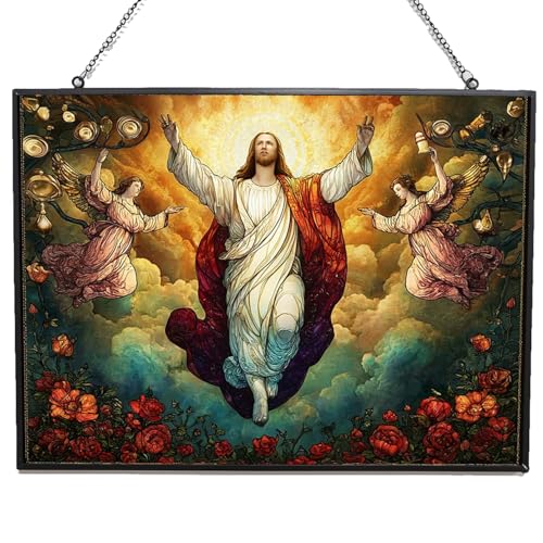 365CUSGIFTS Customized Rectangle Religious Gothic Ascending Jesus with Angels and Rose Garden Stained Glass Window Hanging Sun Catcher Halloween Haning Ornament Decoration Christmas Birthday Gifts