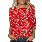 FOCLMP Womens Vintage Print Summer Blouses Elbow Length Casual Tops 3/4 Sleeve Tshirts Shirts Loose Fit Ladies Clothing 2024 Summer Tops for Teens Beachy Red 3X