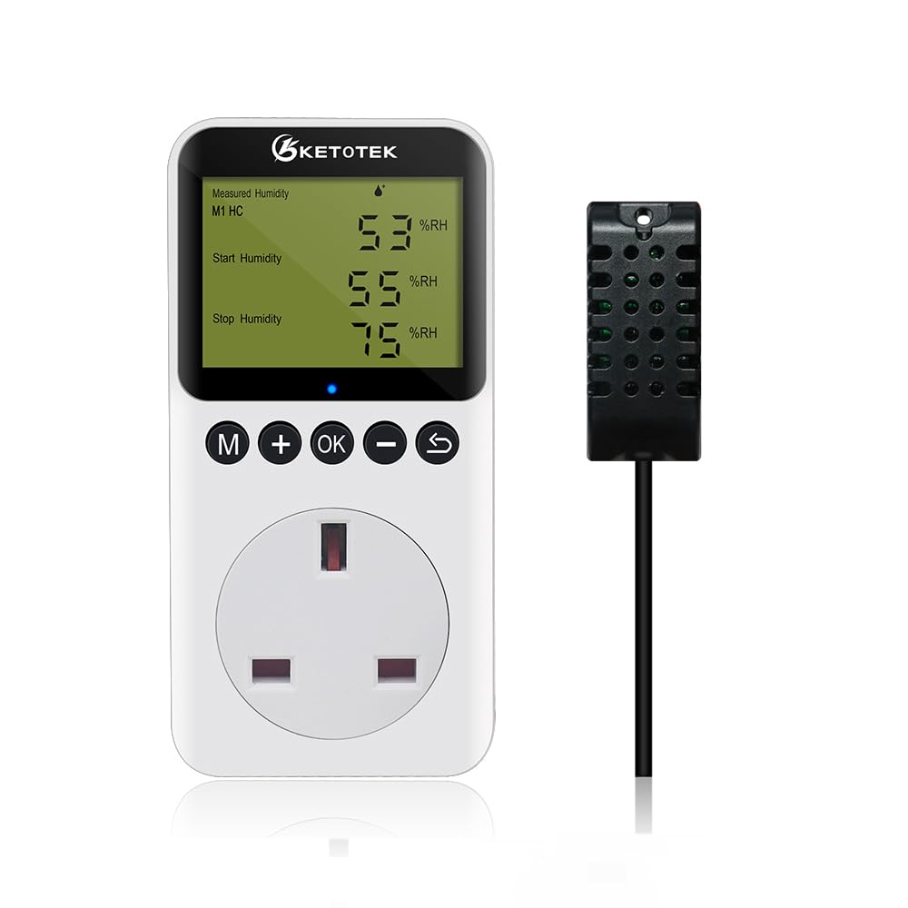 KETOTEK Digital Humidity Controller Plug Socket with Sensor Probe, Humidistat Switch 220V for Reptile Greenhouse Mushroom