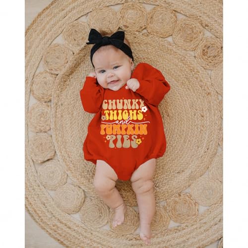 SOFEON Infant Baby Girls Thanksgiving Romper Chunky Thighs And Pumpkin Pies Outfits Bubble Sweatshirt Onesie Fall Clothes3