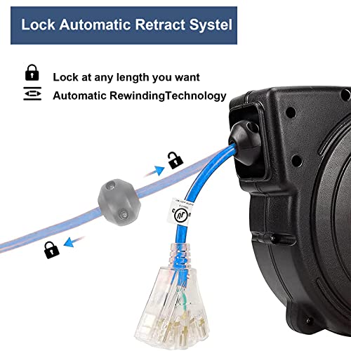 Greatide Retractable Extension Cord Reel, 65 Feet 12 Awg/3C Sjtow Heavy Duty Power Cord,15 Amp Circuit Breaker, 3-Lighted Triple Outlets, Ceiling Or Wall Mount Use Indoor/Outdoor #TOP2