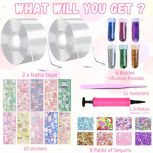38 Stück Nano Tape Bubbles Set,Doppelseitiges Klebeband DIY Craft Klebeband Blowing Bubble Tape Wiederverwendbar Nano Tape Bubbles mit Pailletten Aufkleber Aufblasbares Luftpolsterband Party Geschenke