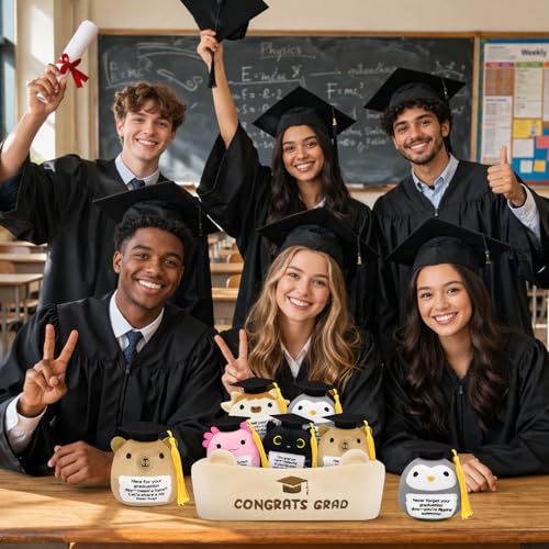 Image of 6 Pcs Emotional Support Plush Set,Graduation Stuffed Animal 2026 with Basket & Graduations Words,Cute Graduation Plush for Kids Men Women,Graduation Gifts for Kindergarten,High School College