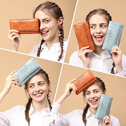 Aphison Womens Wallets Rfid Blocking Pu Leather Clutch Long Wallet For Women Card Holder Phone Organizer Ladies Travel Purse Hollow Out Sunflower Design Gift Box 2214Blue #TOP6