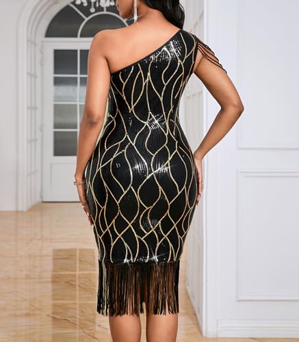 Image of dasmzper Women Sexy Sequin One Shoulder Long Sleeve Tassel Hem Bodycon Midi Dress Party Cocktail Dress