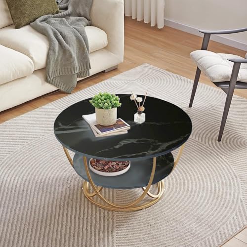 Image of Round Coffee Table Modern Sofa Side End Table for Living Room Center Table with 2 Shelf Storage Wooden Marble Print Tabletop Gold Black