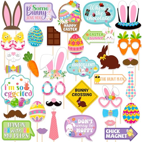 Easter Party Decorations Happy Easter Photo Booth Props Kit Cute Eggs Bunny Glasses...