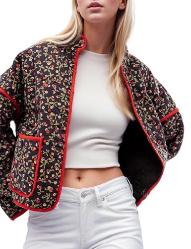 YKR Women's Cropped Puffer Jacket Floral Print Quilted Puffer Jackets Open Front Lightweight Short Jacket Trendy