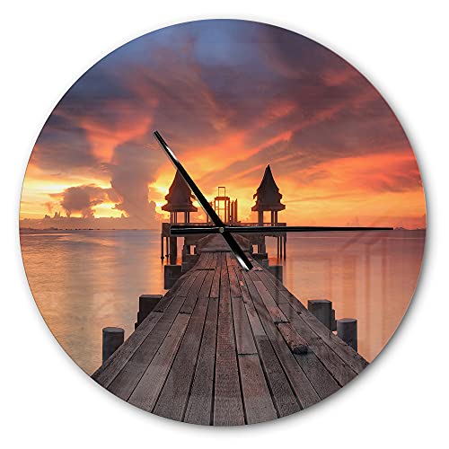 DesignQ Modern Wall Clock 'Glowing Sky and Long Wooden Bridge ' Cottage Large Wall Clock for Kitchen Decor