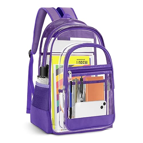 Image of KIMNERPU Clear Backpack, Heavy Duty PVC Transparent Backpack with Reinforced Straps, See Through Multiple Pockets Large Capacity Bookbag for Concert Work Security Travel Festival (Purple)