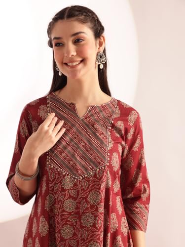 Image of Vbuyz Women's Floral Print A-Line Cotton Stitched Kurta