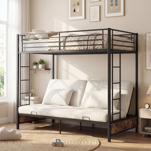 Giantex Twin Over Twin Futon Bunk Bed Convertible Metal Bunk Bed with Futon Frame 2 Ladders & Safety Guardrails Heavy Duty Sofa Couch Beds with Under-Bed Space for Kids Adults (Rustic Brown)