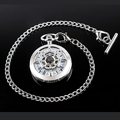Image of Men's Mechanical Hollow Design Hand Wind Pocket Watch Roman Numerals Steampunk with Chain Box