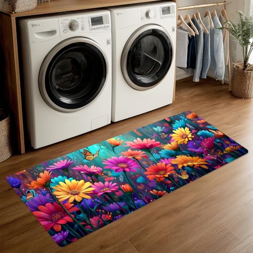 ANNA QUEEN Colorful Daisy Laundry Room Rug 20x47 Inch – Bright Floral Butterfly Non Slip Runner Mat for Kitchen Laundry Entryway Vibrant Home Decor