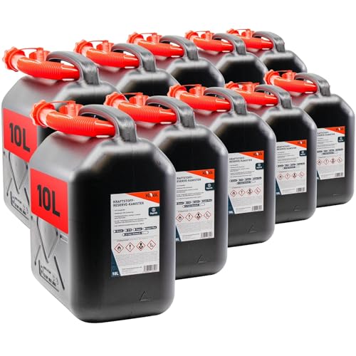 KOVA 10x Benzinkanister 10L SCHWARZ Kunststoff Dieselkanister Reservekanister Kraftstoffkanister 10 L Liter ltr Wasserkanister für Benzin Diesel Wasser AdBlue 10-Liter-Kanister Petrol Can Kanister